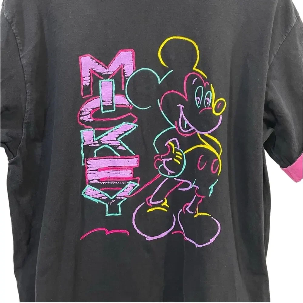 Disney Mickey Mouse 90’s Vintage Neon Pink Black Tee Shirt One Size Fit All - Picture 7 of 7